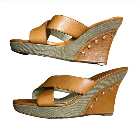 MICHAEL MICHAEL KORS Camel Cross Strap Leather &amp; Canvas Wedges Size 7 EU…