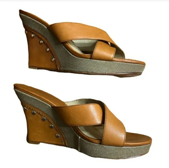MICHAEL MICHAEL KORS Camel Cross Strap Leather &amp; Canvas Wedges Size 7 EU…