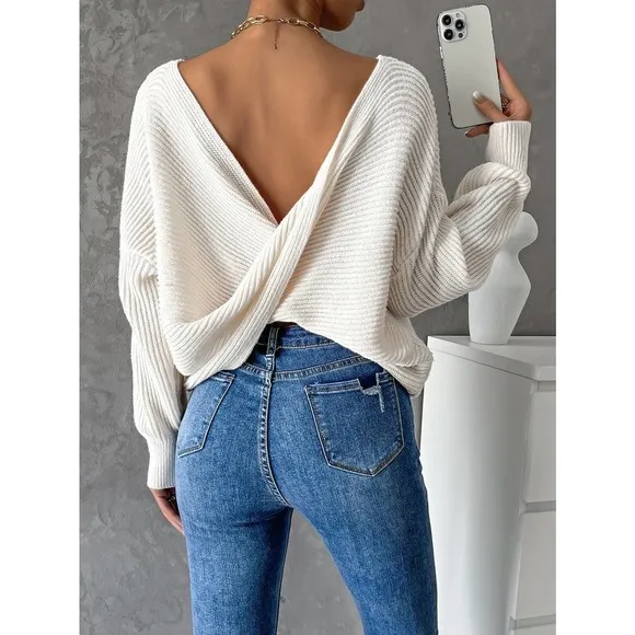 Minimalist Twist Back Drop Shoulder Boat Neck Sweater backless