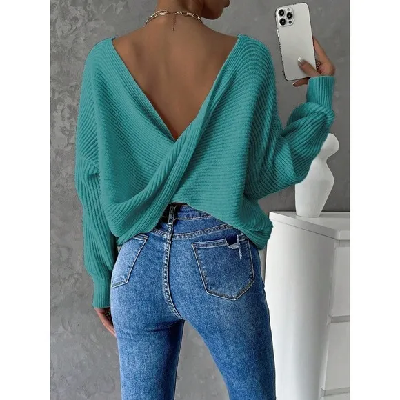 Minimalist Twist Back Drop Shoulder Boat Neck Sweater backless