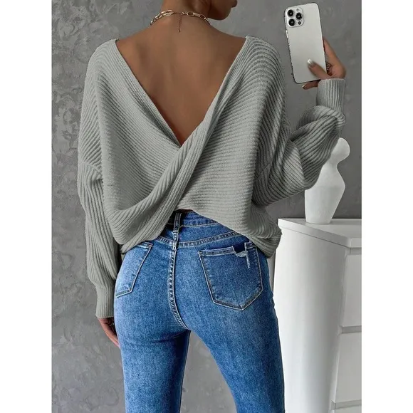 Minimalist Twist Back Drop Shoulder Boat Neck Sweater backless