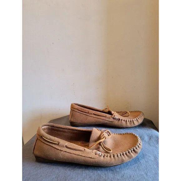 Minnetonka  Men 10 Ladies 11.5 Laced Moccasins Brown All Leather Driving Sole