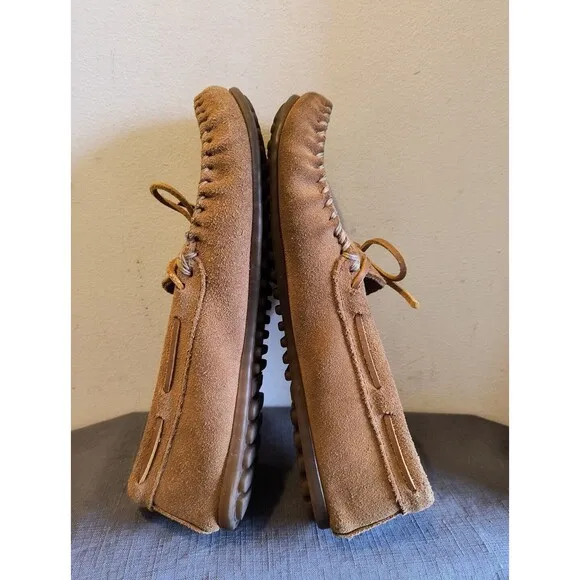 Minnetonka  Men 10 Ladies 11.5 Laced Moccasins Brown All Leather Driving Sole