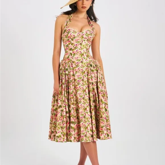 Miss Circle Floral Print Linen Halter drop waist Corset Midi / Maxi Dress