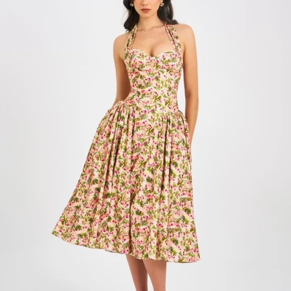 Miss Circle Floral Print Linen Halter drop waist Corset Midi / Maxi Dress