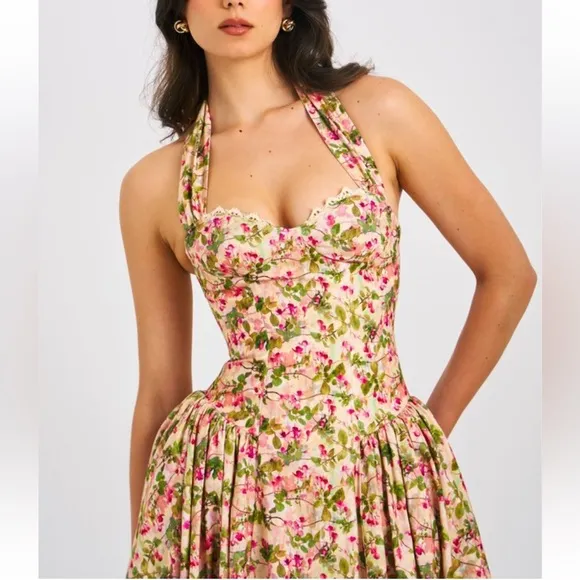 Miss Circle Floral Print Linen Halter drop waist Corset Midi / Maxi Dress