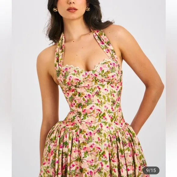 Miss Circle Floral Print Linen Halter drop waist Corset Midi / Maxi Dress