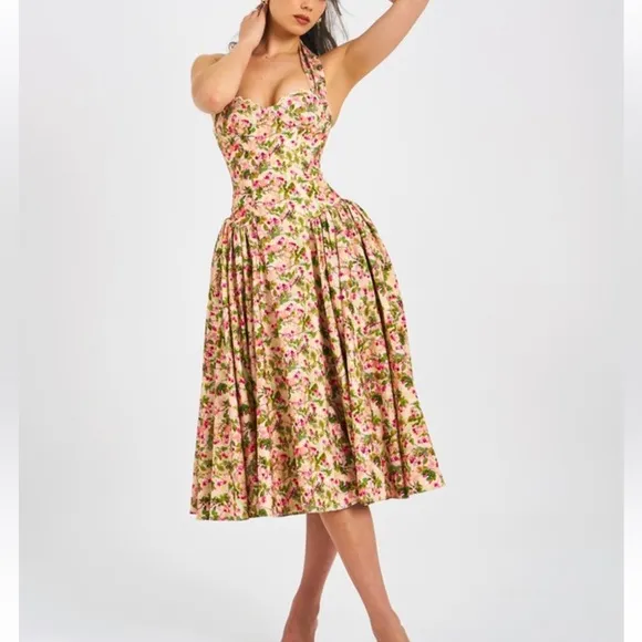 Miss Circle Floral Print Linen Halter drop waist Corset Midi / Maxi Dress