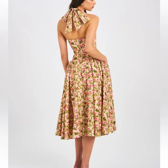 Miss Circle Floral Print Linen Halter drop waist Corset Midi / Maxi Dress