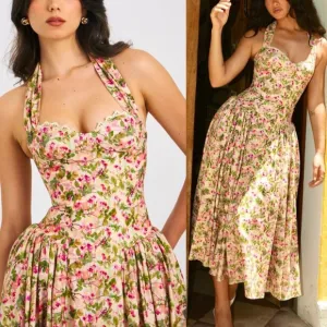 Miss Circle Floral Print Linen Halter drop waist Corset Midi / Maxi Dress
