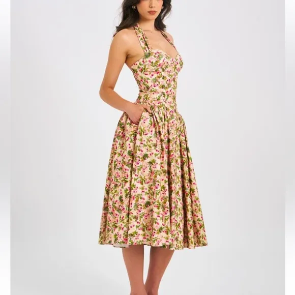 Miss Circle Floral Print Linen Halter drop waist Corset Midi / Maxi Dress