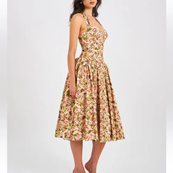 Miss Circle Floral Print Linen Halter drop waist Corset Midi / Maxi Dress