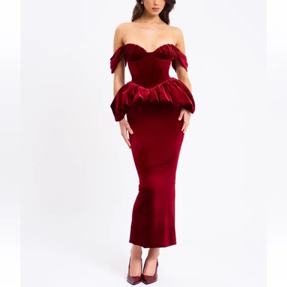 Miss Circle- red velvet peplum bustier off shoulder bubble hem midi dress