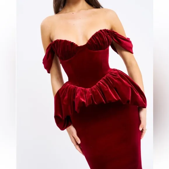 Miss Circle- red velvet peplum bustier off shoulder bubble hem midi dress