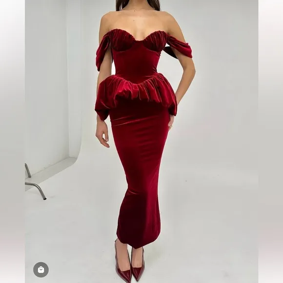 Miss Circle- red velvet peplum bustier off shoulder bubble hem midi dress