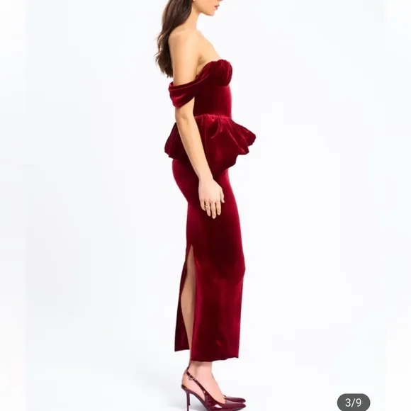 Miss Circle- red velvet peplum bustier off shoulder bubble hem midi dress