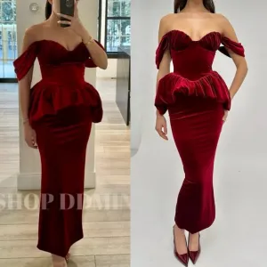 Miss Circle- red velvet peplum bustier off shoulder bubble hem midi dress