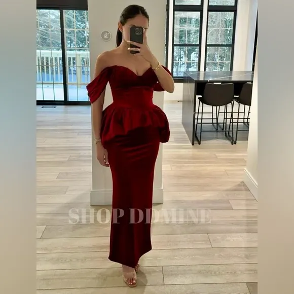 Miss Circle- red velvet peplum bustier off shoulder bubble hem midi dress