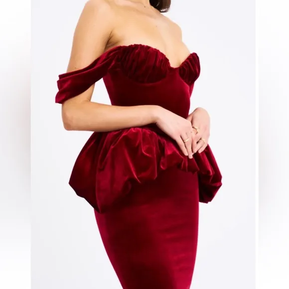Miss Circle- red velvet peplum bustier off shoulder bubble hem midi dress