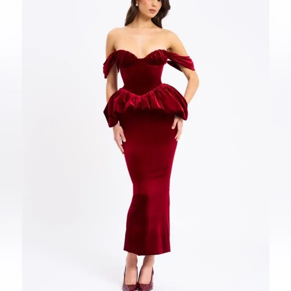 Miss Circle- red velvet peplum bustier off shoulder bubble hem midi dress