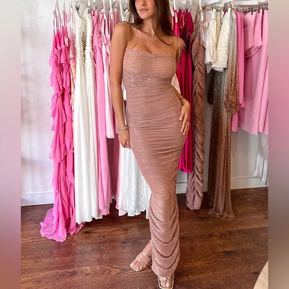Miss Circle Rose gold metallic thread ruched maxi bodycon stretchy mesh dress