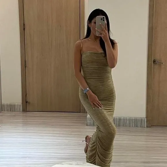 Miss Circle Rose gold metallic thread ruched maxi bodycon stretchy mesh dress