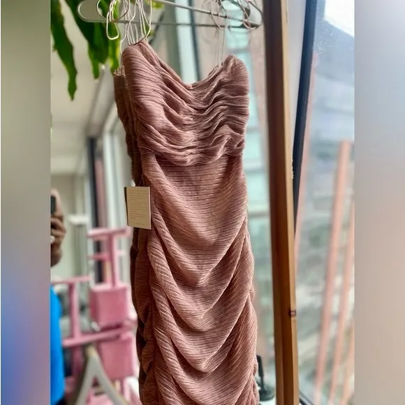 Miss Circle Rose gold metallic thread ruched maxi bodycon stretchy mesh dress