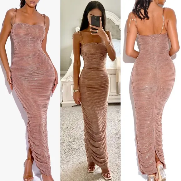 Miss Circle Rose gold metallic thread ruched maxi bodycon stretchy mesh dress