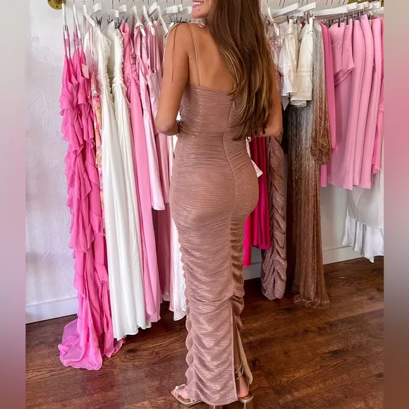 Miss Circle Rose gold metallic thread ruched maxi bodycon stretchy mesh dress