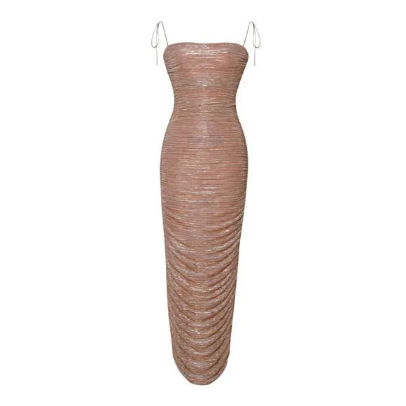 Miss Circle Rose gold metallic thread ruched maxi bodycon stretchy mesh dress