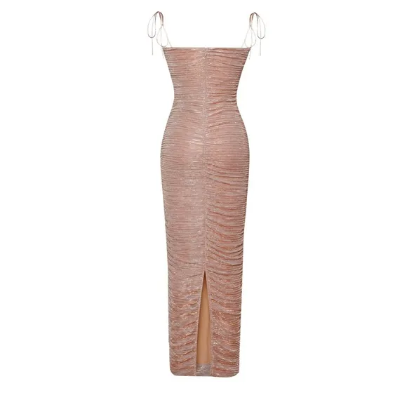 Miss Circle Rose gold metallic thread ruched maxi bodycon stretchy mesh dress