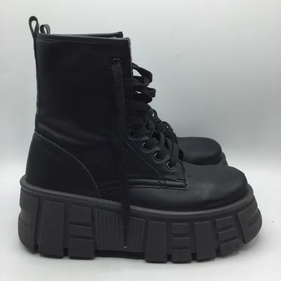 Miss Selfridge Adele Black PU Chunky Platform Combat Punk Goth Boots Lace Up