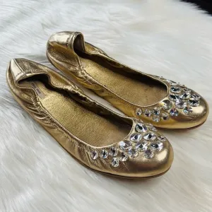 Miu Miu Gold Rhinestone Embellished Scrunch Flats
