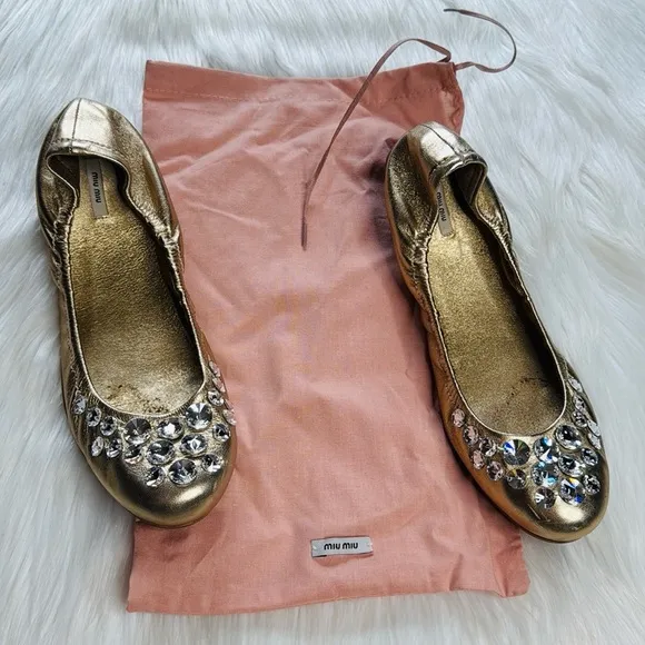 Miu Miu Gold Rhinestone Embellished Scrunch Flats