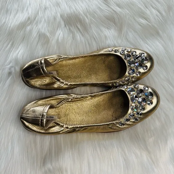 Miu Miu Gold Rhinestone Embellished Scrunch Flats