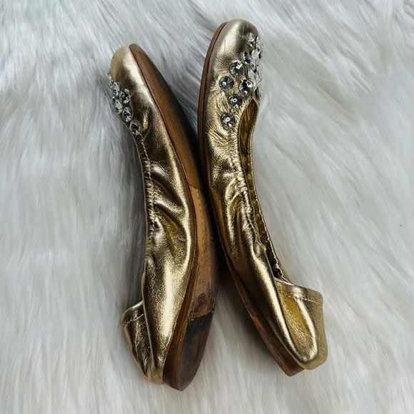 Miu Miu Gold Rhinestone Embellished Scrunch Flats
