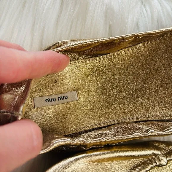 Miu Miu Gold Rhinestone Embellished Scrunch Flats