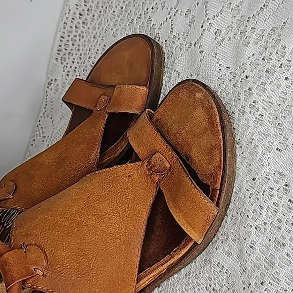 Miz Mooz tan leatherankle strap open toe sandal wedges size 7 (37)