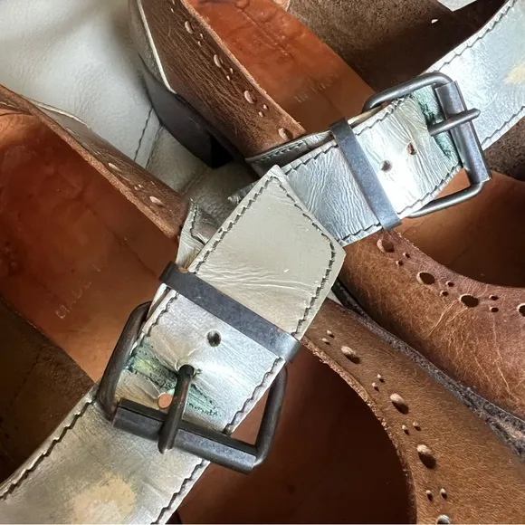 MOMA Two Tone Leather Italian Shoes Sz 38 Mary Jane Square Toe Brown Silver