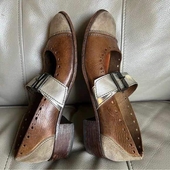 MOMA Two Tone Leather Italian Shoes Sz 38 Mary Jane Square Toe Brown Silver
