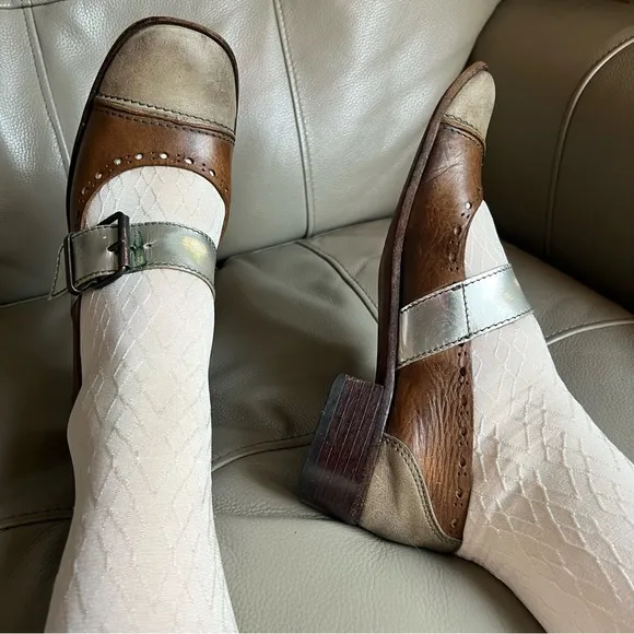 MOMA Two Tone Leather Italian Shoes Sz 38 Mary Jane Square Toe Brown Silver