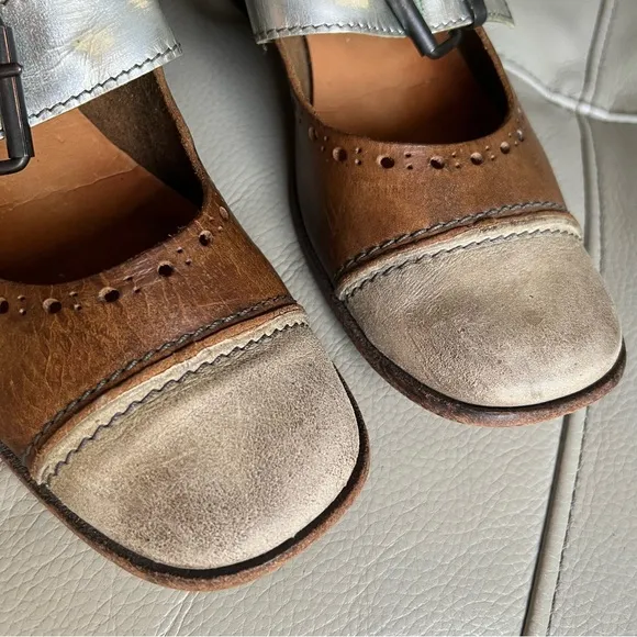 MOMA Two Tone Leather Italian Shoes Sz 38 Mary Jane Square Toe Brown Silver