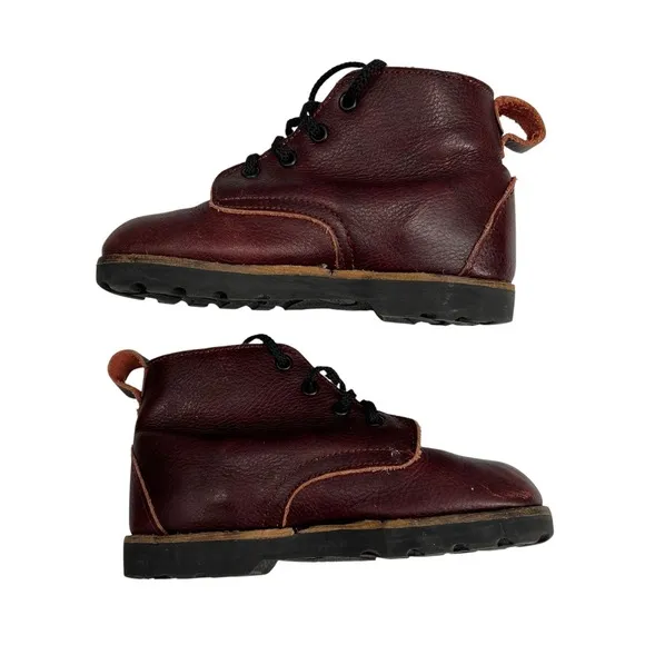 Mon Petit Kids Boots Burgundy Leather Lace-Up Round Toe Kids Size 9