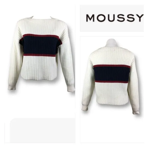 MOUSSY Color Block Ribbed  Lightly Crop Boxy Sweater Pullover Size: Free