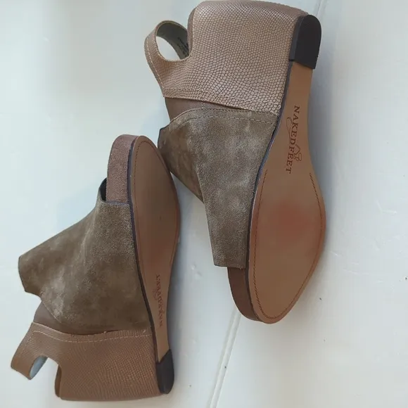 Naked Feet Columbia Platform Wedges in Tan Leather and Suede
