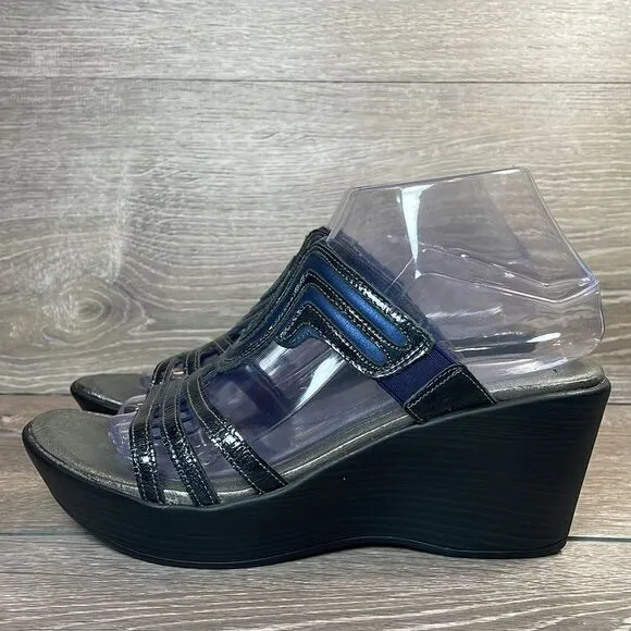 Naot Enchant Metallic Blue Black Leather Women’s Sz 8/EU 39 Platform Wedge Shoes
