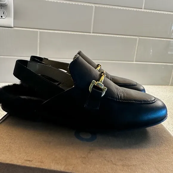 Naturino Black Moccasins with Gold Buckle and Furry Sole