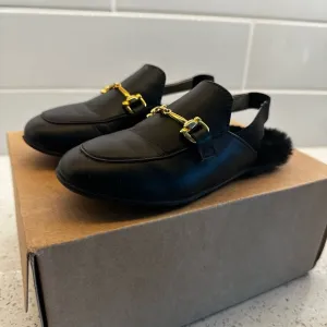 Naturino Black Moccasins with Gold Buckle and Furry Sole