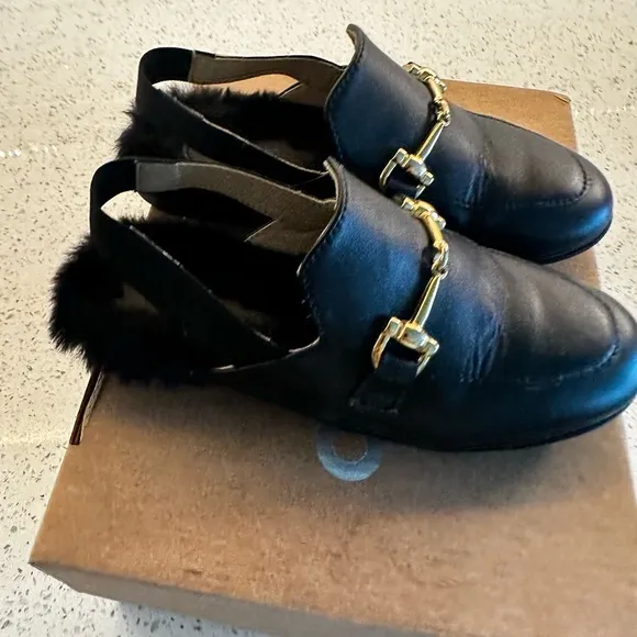Naturino Black Moccasins with Gold Buckle and Furry Sole