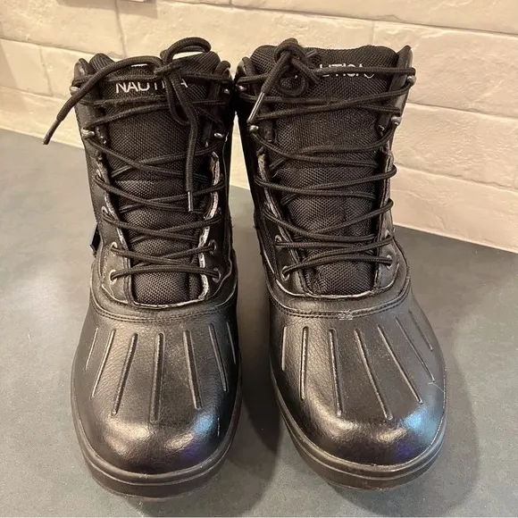 Nautica sz 10 black leather canvas lace-up duck boots